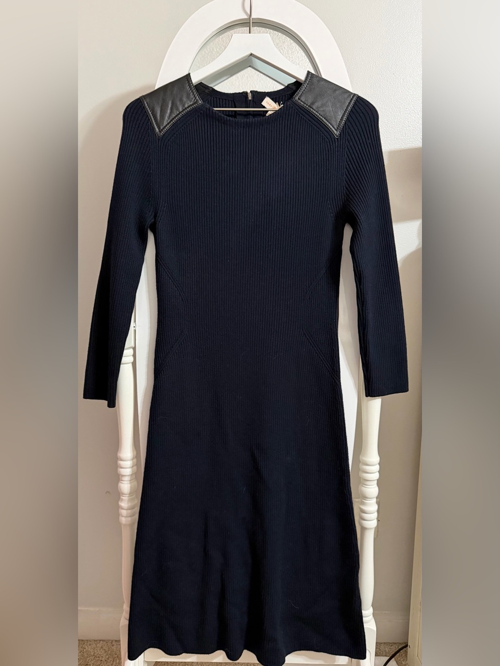 Tory Burch Black Ribbed Knit Dress w/ Leather Shoulder Panels Size M